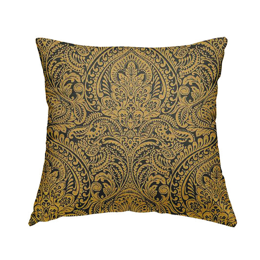 Zenith Collection In Smooth Chenille Finish Black With Gold Colour Damask Pattern Upholstery Fabric CTR-189 - Handmade Cushions