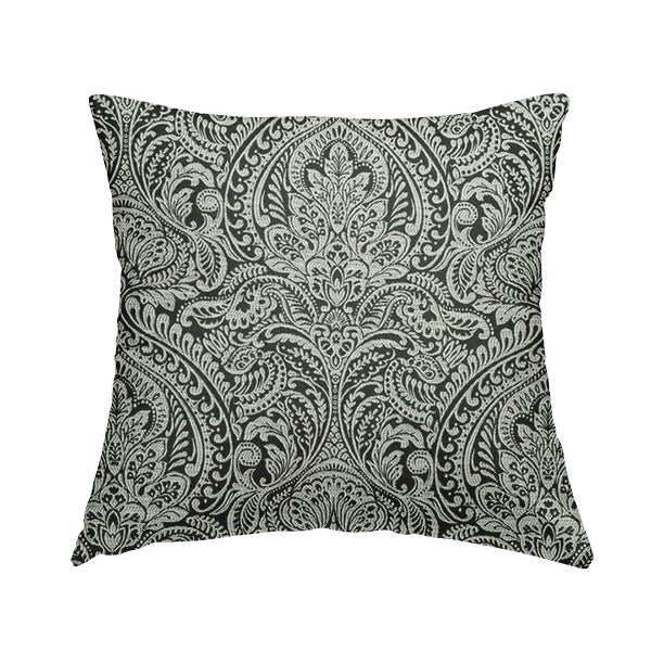 Zenith Collection In Smooth Chenille Finish Black With Grey Colour Damask Pattern Upholstery Fabric CTR-190 - Handmade Cushions