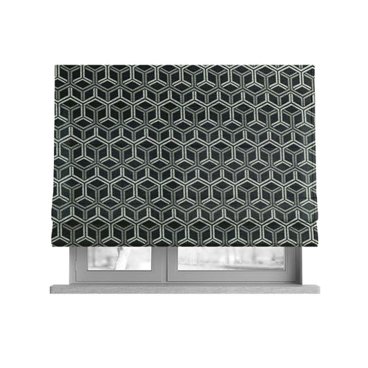 Zenith Collection In Smooth Chenille Finish Black With Grey Colour 3D Cube Geometric Pattern Upholstery Fabric CTR-193 - Roman Blinds