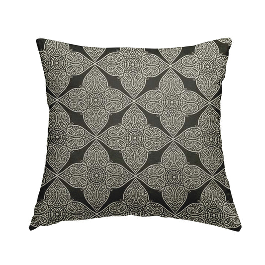 Zenith Collection In Smooth Chenille Finish Black With Grey Colour Medallion Pattern Upholstery Fabric CTR-194 - Handmade Cushions
