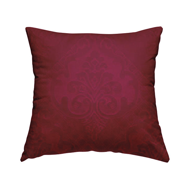 Alvaro Velveteen Embossed Damask Pattern Upholstery Curtains Fabric In Red Velvet Colour - Handmade Cushions