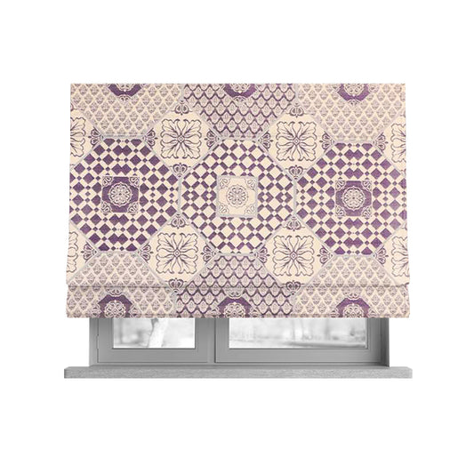 Zenith Collection In Smooth Chenille Finish Purple Colour Patchwork Pattern Upholstery Fabric CTR-214 - Roman Blinds