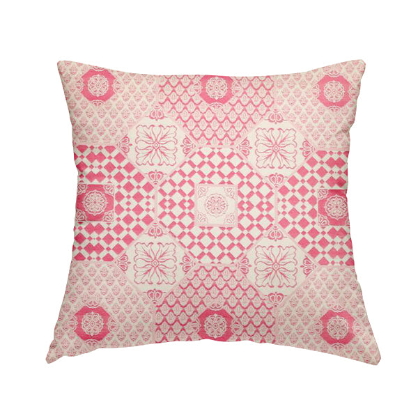 Zenith Collection In Smooth Chenille Finish Raspberry Pink Colour Patchwork Pattern Upholstery Fabric CTR-219 - Handmade Cushions