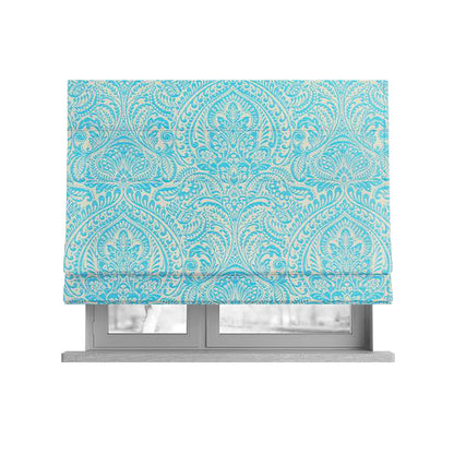 Zenith Collection In Smooth Chenille Finish Blue Colour Damask Pattern Upholstery Fabric CTR-223 - Roman Blinds