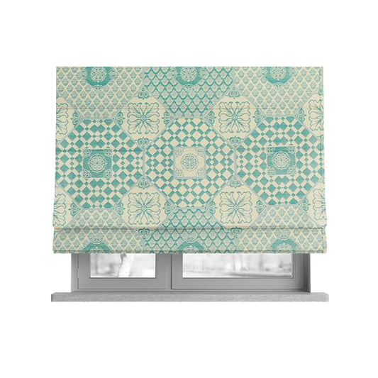 Zenith Collection In Smooth Chenille Finish Teal Green Colour Patchwork Pattern Upholstery Fabric CTR-226 - Roman Blinds