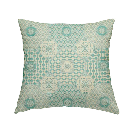Zenith Collection In Smooth Chenille Finish Teal Green Colour Patchwork Pattern Upholstery Fabric CTR-226 - Handmade Cushions