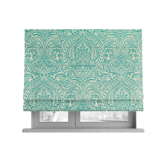 Zenith Collection In Smooth Chenille Finish Teal Green Colour Damask Pattern Upholstery Fabric CTR-227 - Roman Blinds
