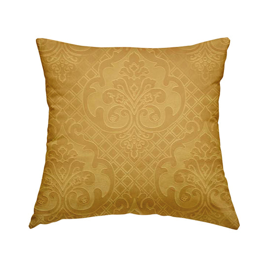 Alvaro Velveteen Embossed Damask Pattern Upholstery Curtains Fabric In Orange Colour - Handmade Cushions