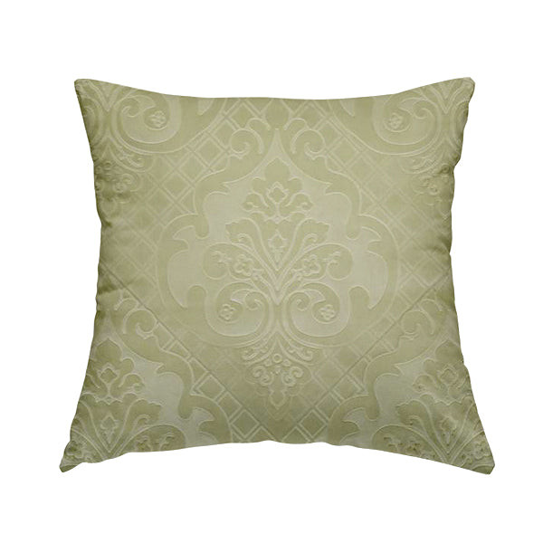 Alvaro Velveteen Embossed Damask Pattern Upholstery Curtains Fabric In Light Green Colour - Handmade Cushions