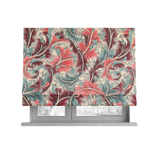 Colarto Collection Burgundy Red Teal Colour In Floral Pattern Chenille Furnishing Fabric CTR-253 - Roman Blinds