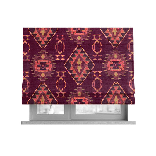 Opera Kilim Aztec Pattern Collection In Soft Chenille Purple Colour Upholstery Fabric CTR-286 - Roman Blinds