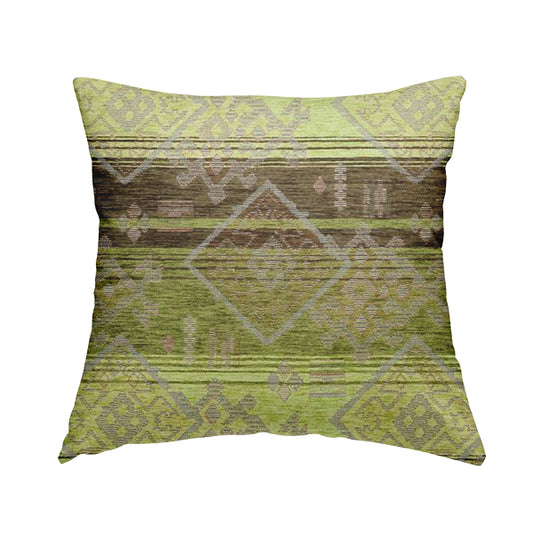 Bengal Kilim Aztec Pattern Collection In Soft Chenille Green Brown Colour Upholstery Fabric CTR-288 - Handmade Cushions