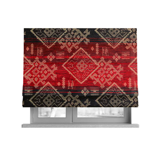 Bengal Kilim Aztec Pattern Collection In Soft Chenille Black Red Colour Upholstery Fabric CTR-290 - Roman Blinds