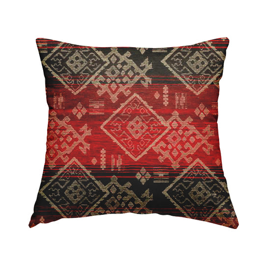Bengal Kilim Aztec Pattern Collection In Soft Chenille Black Red Colour Upholstery Fabric CTR-290 - Handmade Cushions