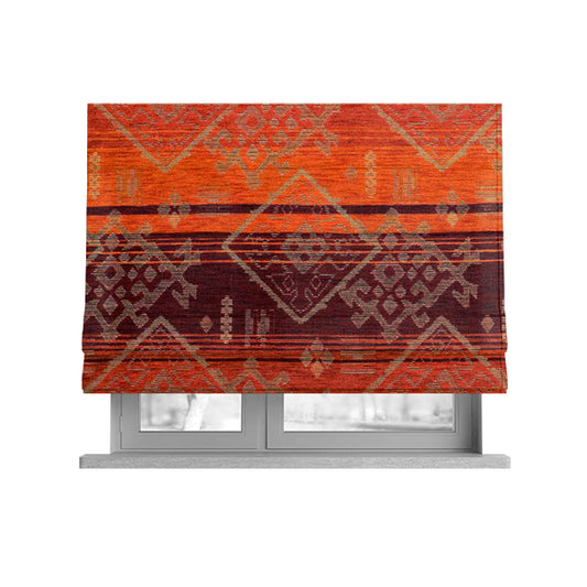 Bengal Kilim Aztec Pattern Collection In Soft Chenille Orange Burgundy Colour Upholstery Fabric CTR-292 - Roman Blinds