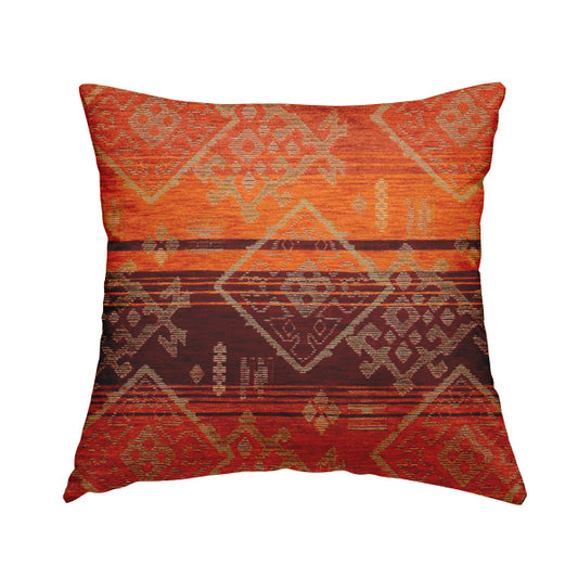 Bengal Kilim Aztec Pattern Collection In Soft Chenille Orange Burgundy Colour Upholstery Fabric CTR-292 - Handmade Cushions