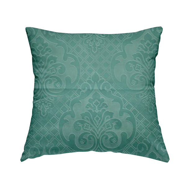 Alvaro Velveteen Embossed Damask Pattern Upholstery Curtains Fabric In Aqua Blue Colour - Handmade Cushions