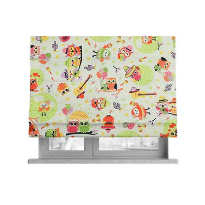 Playtime Printed Cotton Fabrics Collection Multi Colourd Owl Pattern Water Repellent Upholstery Fabric CTR-299 - Roman Blinds