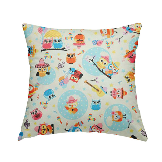 Playtime Printed Cotton Fabrics Collection Blue Colour Owl Pattern Water Repellent Upholstery Fabric CTR-300 - Handmade Cushions