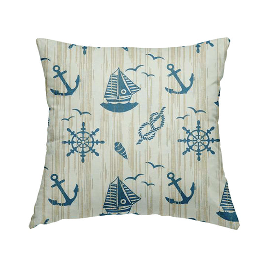 Playtime Printed Velour Fabrics Collection Blue Colour Boat Seaside Pattern Upholstery Fabric CTR-301 - Handmade Cushions