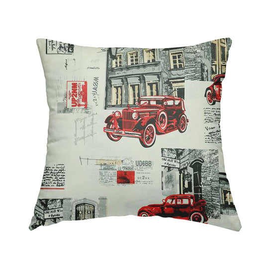 Playtime Printed Cotton Fabrics Collection Black Red Colour Vintage Car Pattern Water Repellent Upholstery Fabric CTR-305 - Handmade Cushions