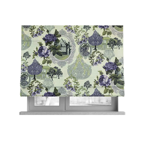 Playtime Printed Cotton Fabrics Collection Purple Grey Colour Oriental Floral Pattern Water Repellent Upholstery Fabric CTR-306 - Roman Blinds