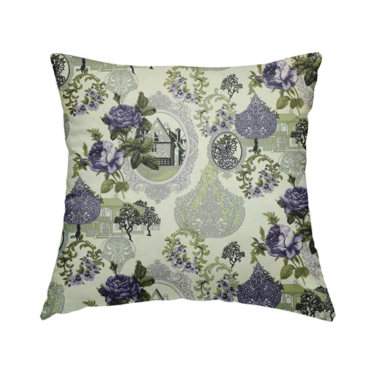 Playtime Printed Cotton Fabrics Collection Purple Grey Colour Oriental Floral Pattern Water Repellent Upholstery Fabric CTR-306 - Handmade Cushions