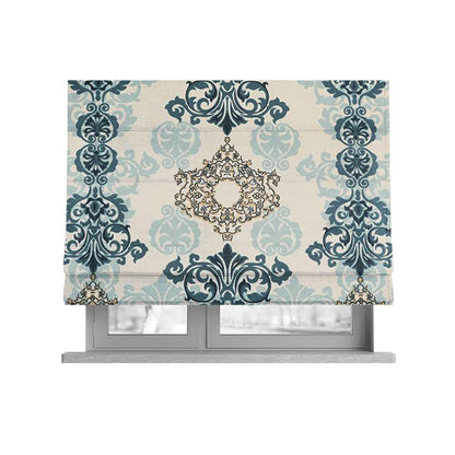 Playtime Printed Cotton Fabrics Collection Blue Colour Damask Pattern Water Repellent Upholstery Fabric CTR-309 - Roman Blinds