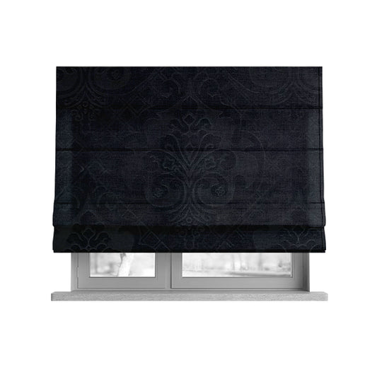 Alvaro Velveteen Embossed Damask Pattern Upholstery Curtains Fabric In Black Colour - Roman Blinds