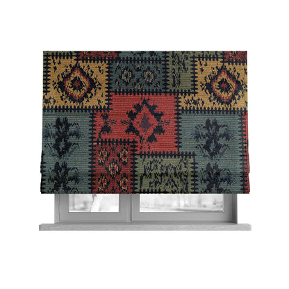 Jayapura Collection Of Kilim Patchwork Heavyweight Chenille Black Multi Colour Upholstery Fabric CTR-324 - Roman Blinds