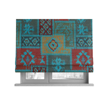 Jayapura Collection Of Kilim Patchwork Heavyweight Chenille Teal Blue Multi Colour Upholstery Fabric CTR-326 - Roman Blinds