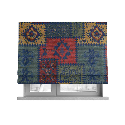 Jayapura Collection Of Kilim Patchwork Heavyweight Chenille Blue Multi Colour Upholstery Fabric CTR-327 - Roman Blinds