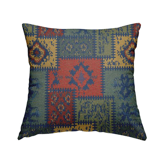 Jayapura Collection Of Kilim Patchwork Heavyweight Chenille Blue Multi Colour Upholstery Fabric CTR-327 - Handmade Cushions