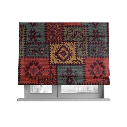 Jayapura Collection Of Kilim Patchwork Heavyweight Chenille Burgundy Red Multi Colour Upholstery Fabric CTR-328 - Roman Blinds