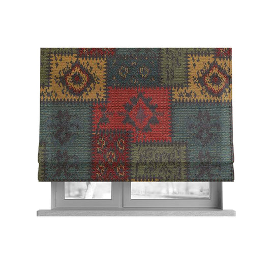 Jayapura Collection Of Kilim Patchwork Heavyweight Chenille Grey Multi Colour Upholstery Fabric CTR-329 - Roman Blinds