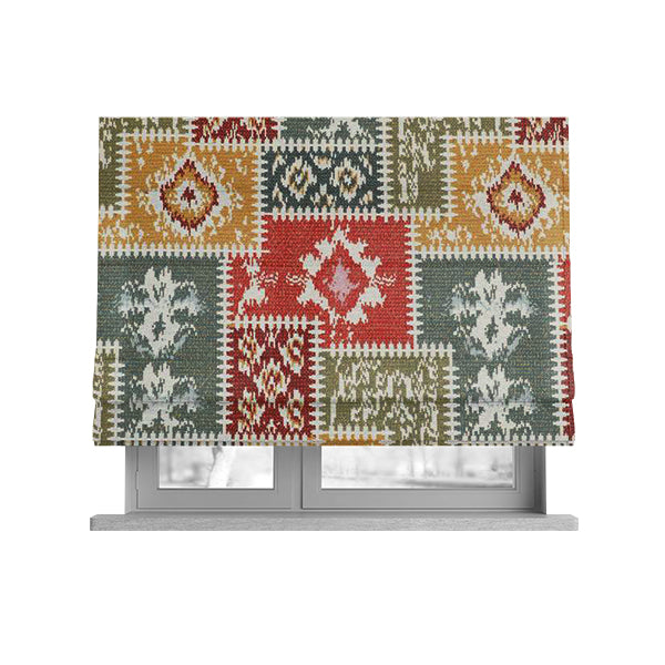 Jayapura Collection Of Kilim Patchwork Heavyweight Chenille White Multi Colour Upholstery Fabric CTR-330 - Roman Blinds