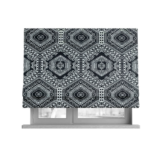 Althea Flat Weave Chenille Medallion Kilim Pattern In Black White Furnishing Fabric CTR-331 - Roman Blinds