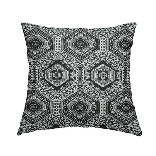 Althea Flat Weave Chenille Medallion Kilim Pattern In Black White Furnishing Fabric CTR-331 - Handmade Cushions