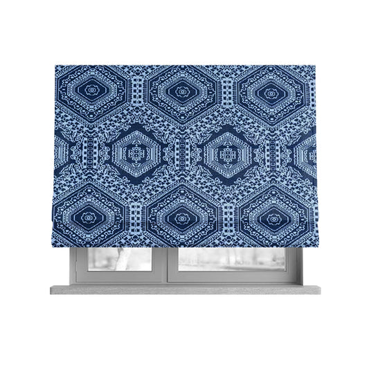 Althea Flat Weave Chenille Medallion Kilim Pattern In Blue White Furnishing Fabric CTR-332 - Roman Blinds