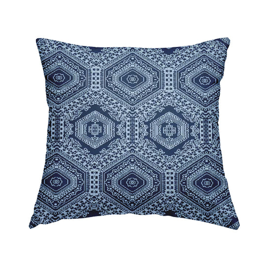 Althea Flat Weave Chenille Medallion Kilim Pattern In Blue White Furnishing Fabric CTR-332 - Handmade Cushions
