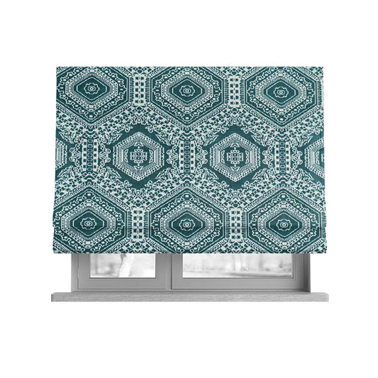 Althea Flat Weave Chenille Medallion Kilim Pattern In Teal White Furnishing Fabric CTR-333 - Roman Blinds