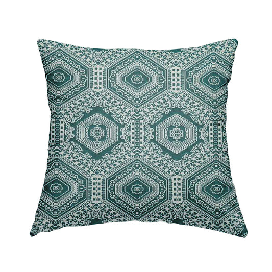 Althea Flat Weave Chenille Medallion Kilim Pattern In Teal White Furnishing Fabric CTR-333 - Handmade Cushions