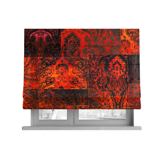 Amalfi Patchwork Pattern Printed Velvet Red Orange Colour Upholstery Fabric - Roman Blinds