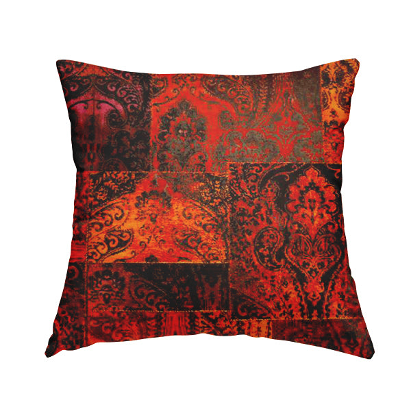 Amalfi Patchwork Pattern Printed Velvet Red Orange Colour Upholstery Fabric - Handmade Cushions