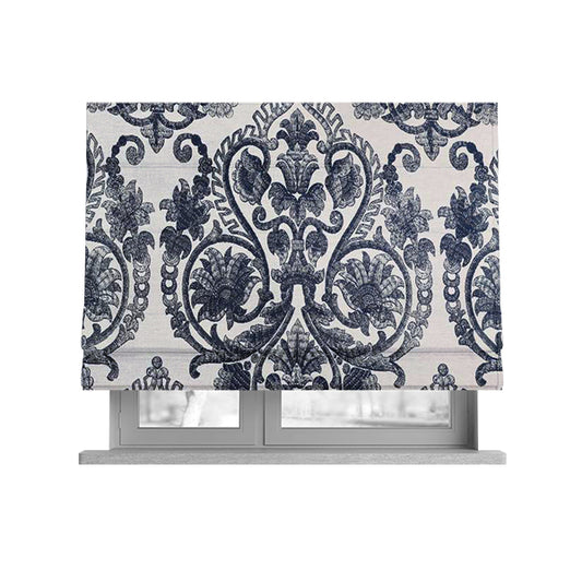 Starla Flat Weave Chenille Damask Pattern In Blue Furnishing Fabric CTR-339 - Roman Blinds