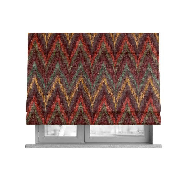 Ipoh Collection Of Chevron Striped Heavyweight Chenille Burgundy Red Multi Colour Upholstery Fabric CTR-343 - Roman Blinds