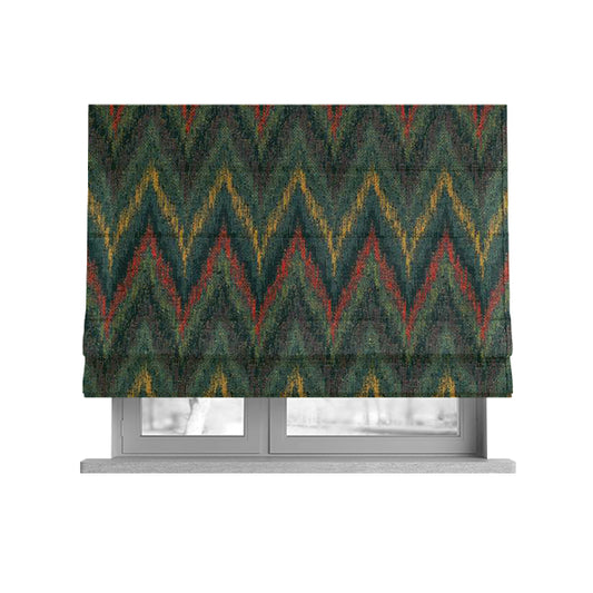 Ipoh Collection Of Chevron Striped Heavyweight Chenille Green Multi Colour Upholstery Fabric CTR-344 - Roman Blinds