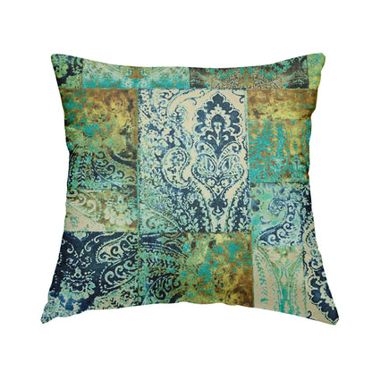 Amalfi Patchwork Pattern Printed Velvet Green Blue Colour Upholstery Fabric - Handmade Cushions