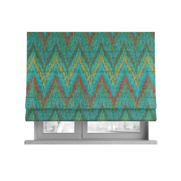 Ipoh Collection Of Chevron Striped Heavyweight Chenille Teal Multi Colour Upholstery Fabric CTR-355 - Roman Blinds