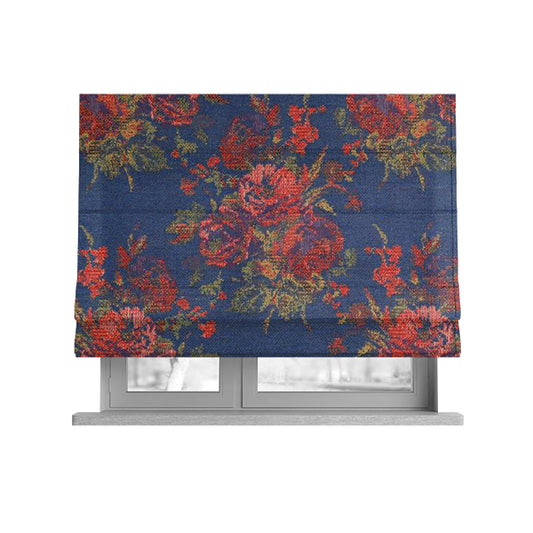 Kuala Collection Of Floral Pattern Heavyweight Chenille Blue Colour Upholstery Fabric CTR-356 - Roman Blinds